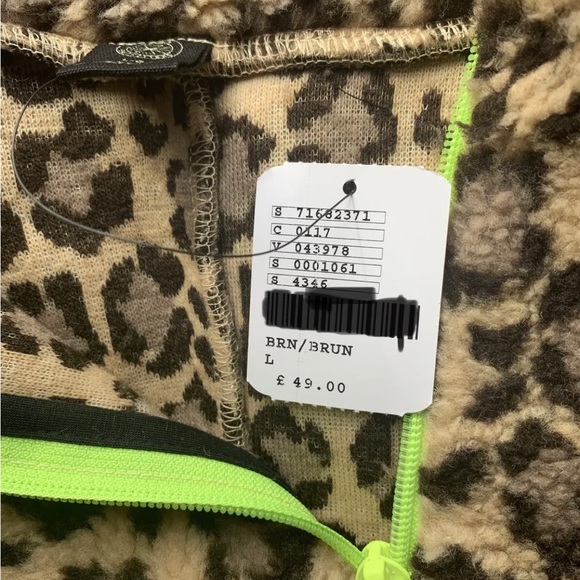 Urban Outfitters Fleece Crop Jumper Brown Beige Mix Leopard Print Neon Zip - Picture 6 of 14